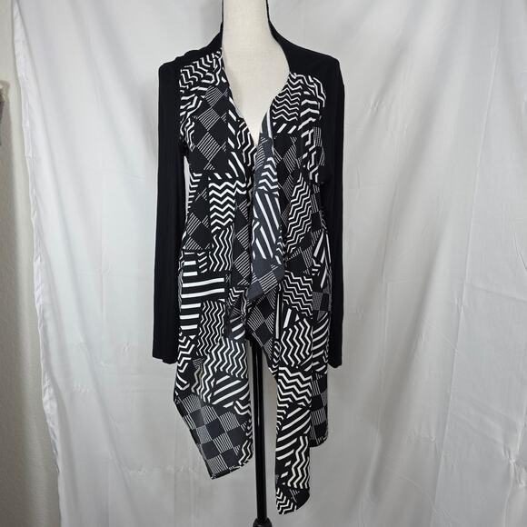 Style & Co Cardigan Women Large Black White Open Waterfall Geometric Long Sleeve - Picture 2 of 9